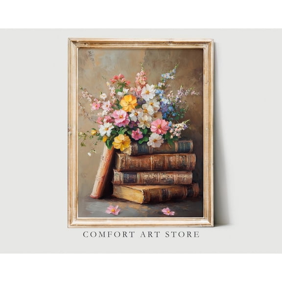 Easter Book Stack Print Floral Spring Wall Art Neutral Spring Flower Dark Academia Decor Spring Wildflower Printable Moody Vintage Bouquet, F361, Unframed Poster Size 8x12