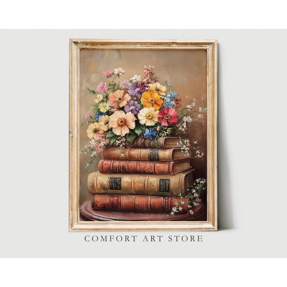 Easter Book Stack Print Floral Spring Wall Art Neutral Spring Flower Dark Academia Decor Spring Wildflower Printable Moody Vintage Bouquet, F368, Unframed Poster Size 16x24