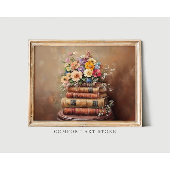 Easter Book Stack Print Floral Spring Wall Art Neutral Spring Flower Dark Academia Decor Spring Wildflower Printable Moody Vintage Bouquet, Unframed Poster Size 12x18