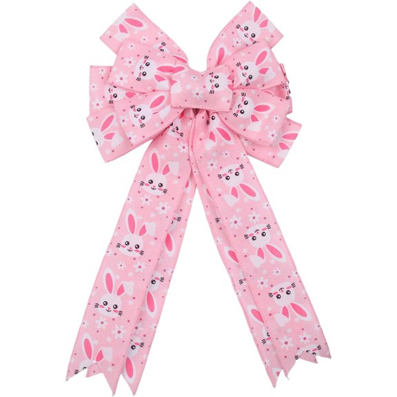 Easter Bow Decoration Pink Rabbit Ribbon Bow Waterproof Large Wreath Bows Ornament for Gift Wrapping Tree Topper Cabinets Outdoor Home Decor Easter Party Supplies