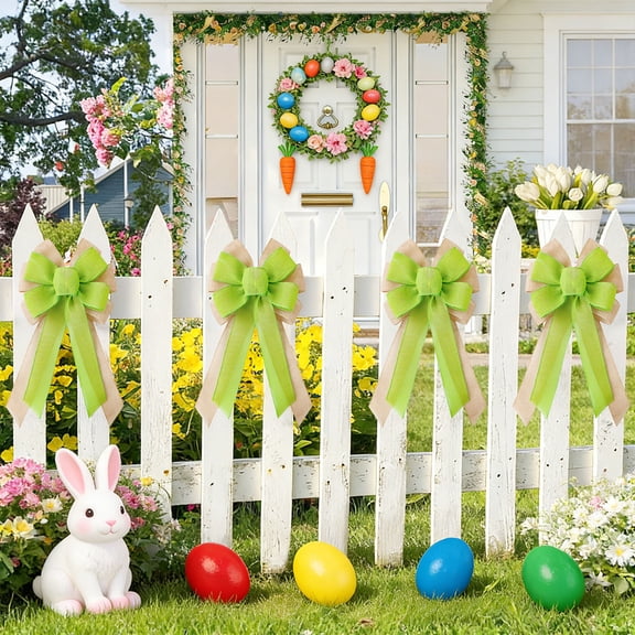 Easter Bows for Wreath,Happy Easter Wreath Bows,Easter Spring Wreath Bow Decoration Large Colorful Burlap Wreath Ribbon Bows Ornaments,Easter Bow with Faux Linen Ribbon Festive Decorative Accessories