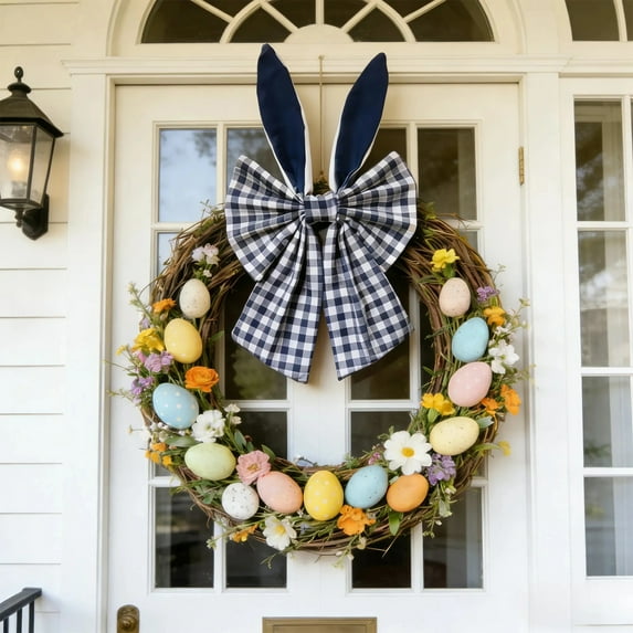 Easter Bows for Wreaths Decorations,Easter Tree Topper Bow,Decorative Plaid Bow with Bunny Ears for Spring Home Front Door Outdoor,16X8 in （Navy）