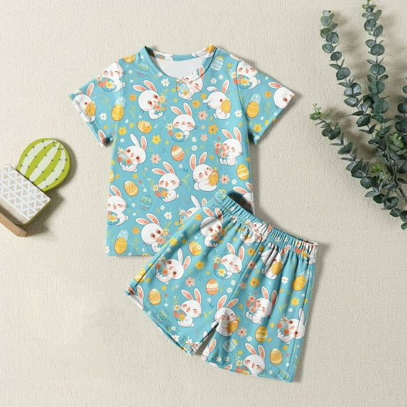 Easter Boys Pajamas Set Cute Easter Bunny Crewneck Short Sleeve T-Shirt And Shorts Pajamas Set Toddler Cute Clothes