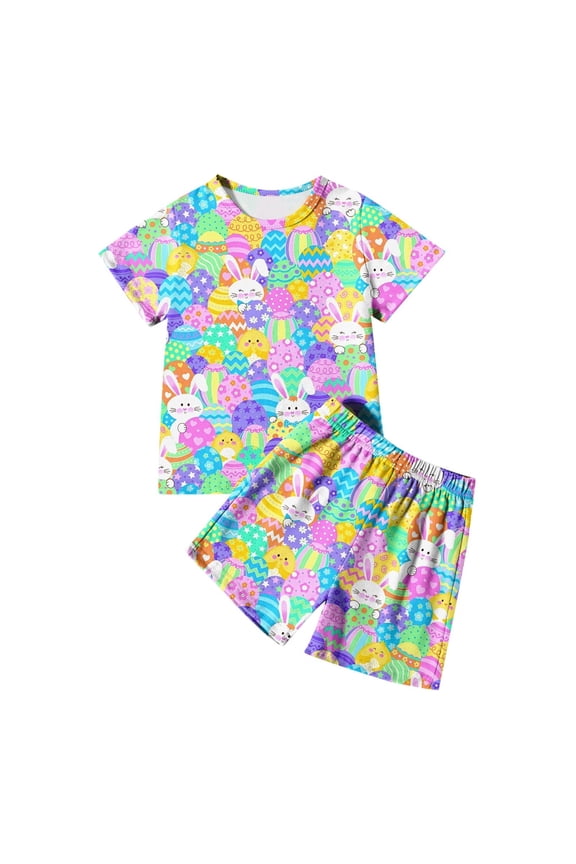 Easter Boys Pajamas Set Cute Easter Bunny Crewneck Short Sleeve T-Shirt And Shorts Set Toddlers Pajamas