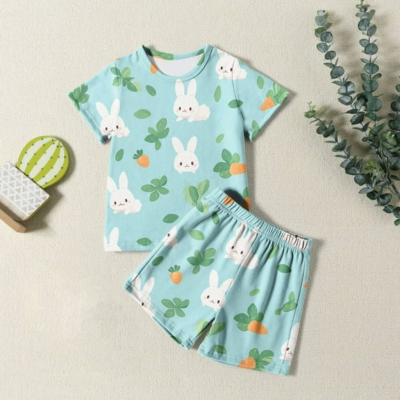 Easter Boys Pajamas Set Easter Bunny Print Crewneck Short Sleeve Pullover Top Shorts Set Toddlers Clothes
