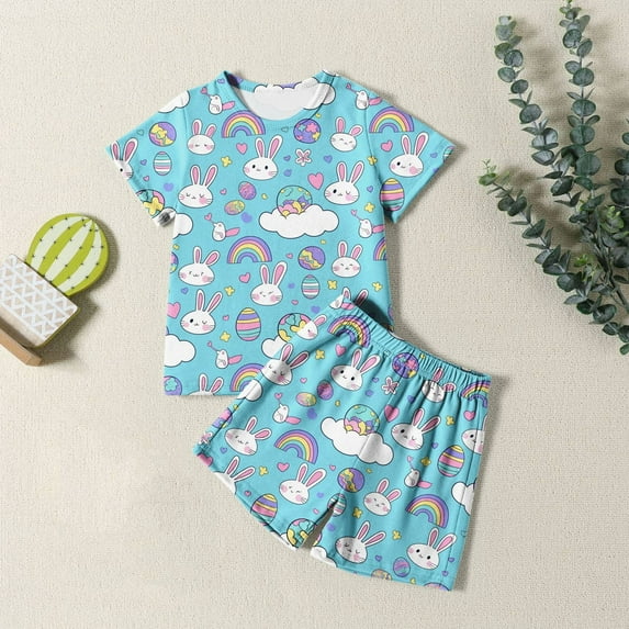 Easter Boys Pajamas Set Easter Egg Cartoon Printed Crewneck Short Sleeve T-Shirt And Shorts Set Girls Sleepwears