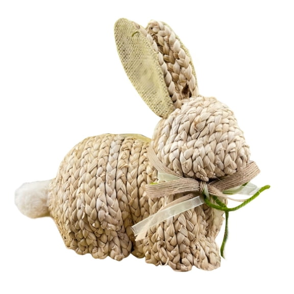 Easter Braided Bunny Table Decoration with Woven Ribbon - 7-Inch Natural Woven Bunny Figurine with Spring Decor Bow, Easter Decorative Farm Animals for Home Table Centerpieces