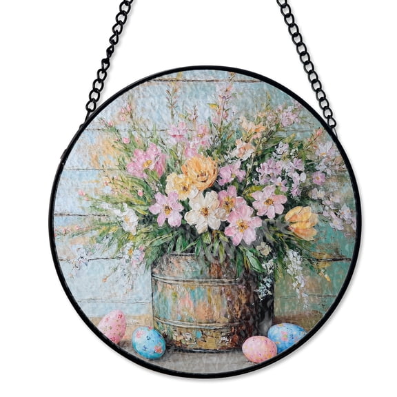 Easter Bucket With Flowers Suncatcher Stained Glass Style, UV Printed Glass Spring Holiday Decor, Round