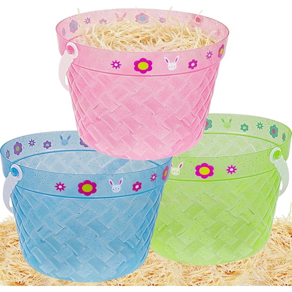 Easter Buckets, 3 Packs Clear Plastic Kids Easter Baskets with Handles, Empty Plastic Easter Pails for Easter Egg Hunt Party Favors, Green, Blue, Pink