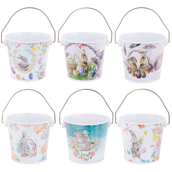 Easter Buckets for Student Metal Pail, Easter Bunny Decor for Easter Egg Hunt, Easter Party Favors for Spring Table Decor, Rustic Watercolor Printed Iron Storage Container 1 Count