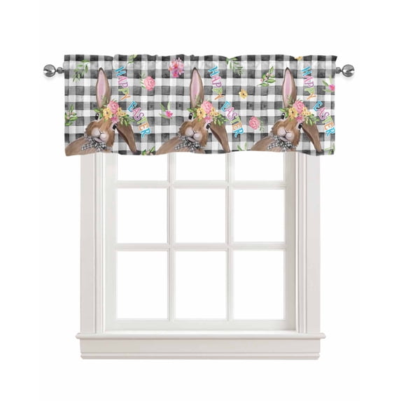Easter Buffalo Black Linen Curtain Valance for Bedroom/Bathroom/Kitchen/Office/Living/Dining Room Window,Vintage Country Check White Bunny Plant Rod Pocket Topper Decorative Cafe Drapes Panel 42"x18"