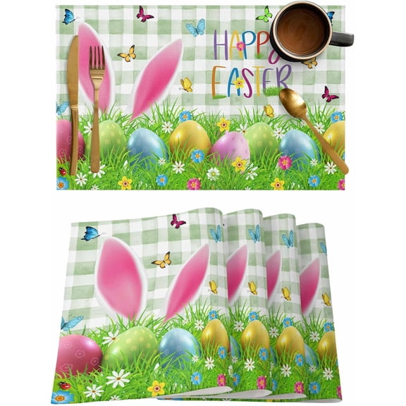 Easter Buffalo Placemats Set of 4,Washable Woven Burlap Cloth Fabric Placemat for Square/Rectangle/Round/Oval Dining Table,Easy Clean Place Mats for Toddlers,Kids Green Plaid Check Easter Bunny Ears