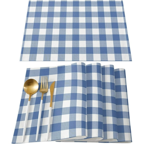 Easter Buffalo Plaid Blue Indoor Placemat Set of 4, Non-Slip Placemats for Kitchen/Dining Table/BBQ/Patio/Parties, 12"x18" Washable Durable Cotton-Linen Table Mats, Ocean Theme