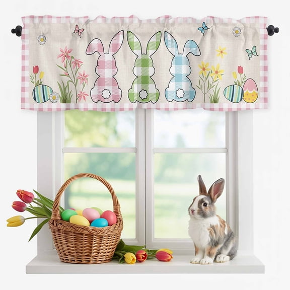 Easter Buffalo Valances for Windows, Check Plaid Rabbits Retro Texture Valance Window Treatment Rod Pocket Short Curtains Valances for Kitchen Bathroom 54"W x18"L