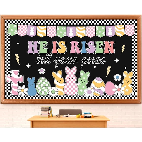 Easter Bulletin Board Set He is Risen Spring Easter Classroom Decoration Hippie Groovy Bunny Egg Christian Cross Paper Cutouts for Sunday School Spring Party Home Chalkboard Wall Decor