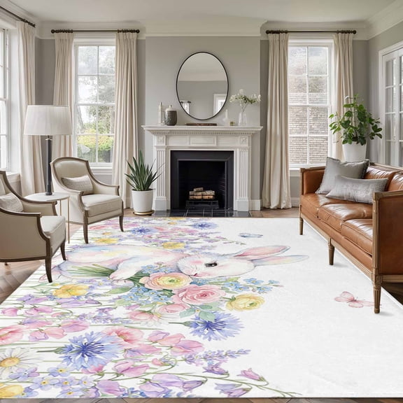 Easter Bunnies 5'x8' Area Rug for Living Room, Spring Cute Rabbits Floral Watercolor Washable Non-Slip Rugs for Bedroom Nursery Dining Room, StainResistant Low-Pile Kitchen Carpet Large Entryway Rugs