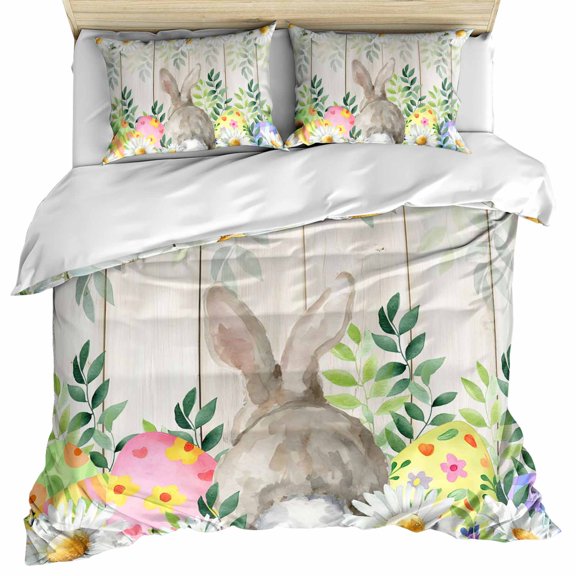 Easter Bunnies Bedding 3 Piece Duvet Cover Set Twin Size, Spring Eucalyptus Easter Eggs Gray Wooden Microfiber Comforter Cover with Zipper Closure & Pillowcases, Wrinkle & FadeResistant Quilt Cover