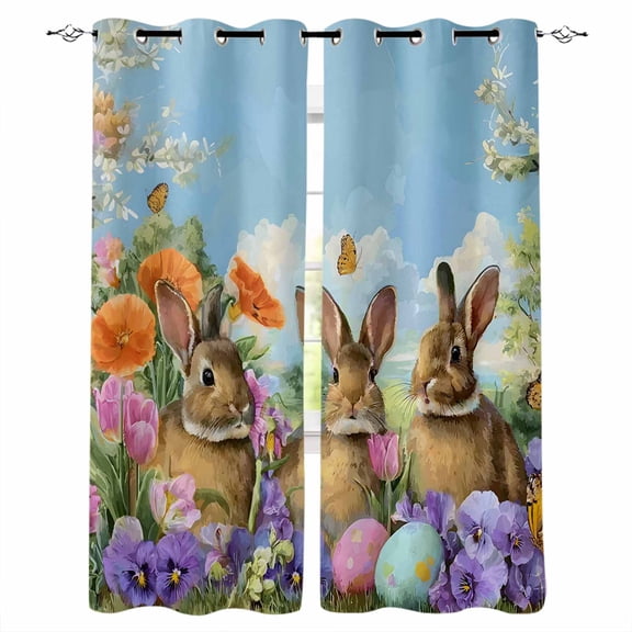 Easter Bunnies Black Out Curtains 63 Inch Long, Room Darkening Draperies Curtains Panels, Spring Easter Eggs Garden Floral Thermal Insulated Curtain for Bedroom Living Room 52"x63" 2 Panels