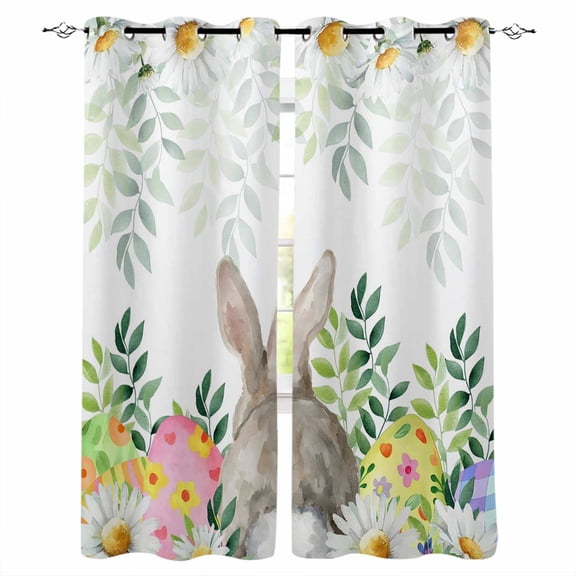Easter Bunnies Black Out Curtains 63 Inch Long, Room Darkening Draperies Curtains Panels, Spring Eucalyptus Daisy Easter Eggs Thermal Insulated Curtain for Bedroom Living Room 52"x63" 2 Panels