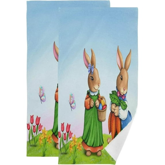 Easter Bunnies Couple Hand Towels, Carrots Eggs Kitchen Towel Ultra Soft and Absorbent,Decorative Fingertip Face Towel for Bathroom Hotel, 2 PCS, 28.3"x 14.4"
