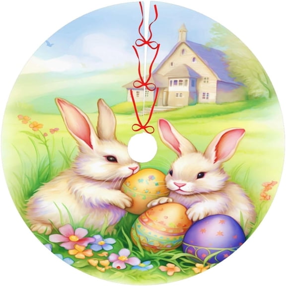 Easter Bunnies Eggs Christmas Tree Skirts 48", Xmas Tree Cloth Mats Trees Skirts for Decor Gift, Home Decoration