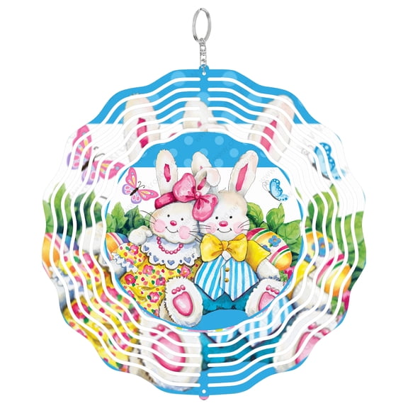 Easter Bunnies In Carrot Patch 3D Wind Spinner Kinetic Hanging Aluminum Spring Holiday Gift Round