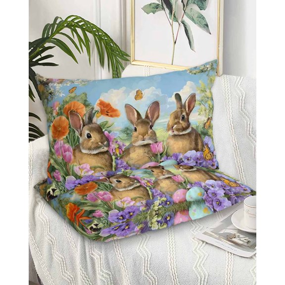 Easter Bunnies King Pillow Cases Set of 2 - Microfiber Bed Throw Pillow Covers, Spring Easter Eggs Garden Floral Decorative Lumbar Pillow Cover with Envelope Closure for Sofa/Travel 20"x36"