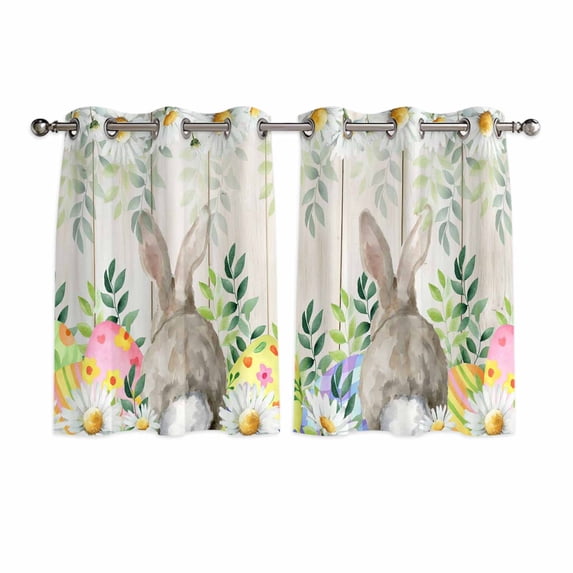 Easter Bunnies Kitchen Curtains Window Panels, Spring Eucalyptus Easter Eggs Gray Wooden Insulated Window Treatment Curtain, Grommet Curtains for Bedroom/Living Room/Bathroom, 2 Piece 52"Wx45"L