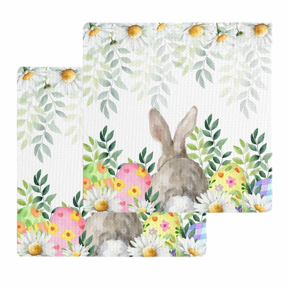Easter Bunnies Kitchen Dish Towels for Drying Dishes Set of 2, Spring Eucalyptus Daisy Easter Eggs Waffle Weave Microfiber Hand Tea Bathroom Towels Quick Dry & Absorbent Towel 12x12