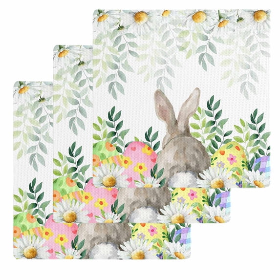 Easter Bunnies Kitchen Dish Towels for Drying Dishes Set of 3, Spring Eucalyptus Daisy Easter Eggs Waffle Weave Microfiber Hand Tea Bathroom Towels Quick Dry & Absorbent Towel 12x12