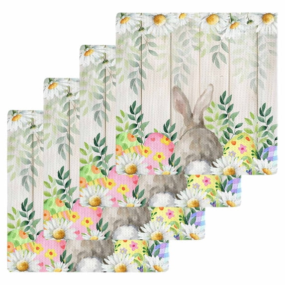 Easter Bunnies Kitchen Dish Towels for Drying Dishes Set of 4, Spring Eucalyptus Easter Eggs Gray Wooden Waffle Weave Microfiber Hand Tea Bathroom Towels Quick Dry & Absorbent Towel 12x12