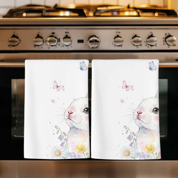 Easter Bunnies Kitchen Towels Set of 4, Spring Rabbits Floral Butterflies Farmhouse Absorbent Dish Towels for Kitchen, Microfiber Hand Towel, Quick Drying Tea Towel for Cleaning Decorative Dishcloths