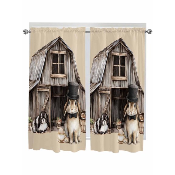 Easter Bunnies Living Room Curtains 2 Panel, Vintage Farmhouse Rabbits Countryside Cafe Window Treatment, Extra Long Farmhouse Bedroom Bathroom Kitchen Curtains Drapes 104"x72"