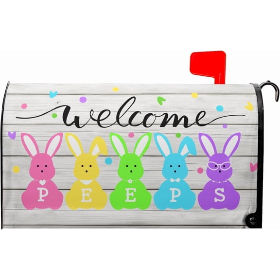 Easter Bunnies Mailbox Covers Magnetic Standard Size 21x18 Inch Easter Welcome Peeps Mailbox Cover Spring Easter Mailbox Wraps Post Letter Box Cover Holiday Decorations for Home Porch Outdoor Outside