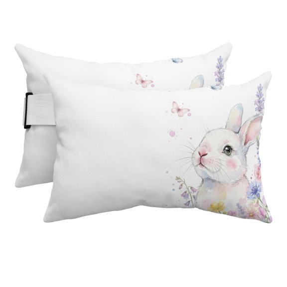 Easter Bunnies Outdoor Pillows for Chaise Lounge Chair Beach Headrest Pillow Set of 2 Waterproof Lumbar Pillows with Insert Spring Rabbits Floral Butterflies Farmhouse Pillow for Patio Pool 12"x20"