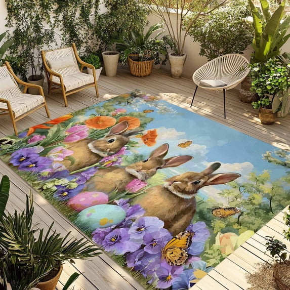 Easter Bunnies Outdoor Rug for Patio/Deck/Porch, Non-Slip Large Area Rug 3 x 5 Ft, Spring Easter Eggs Garden Floral Indoor Outdoor Rugs Washable Area Rugs, Reversible Camping Rug Carpet Runner