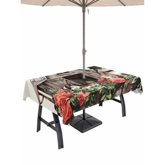 Easter Bunnies Outdoor Tablecloth - 60x84 Inch Rectangle Dining Table Cover, Beige Vintage Farmhouse Rabbits Floral Waterproof Outdoor Table Cloth with Umbrella Hole & Zipper for Picnic/Patio/Party