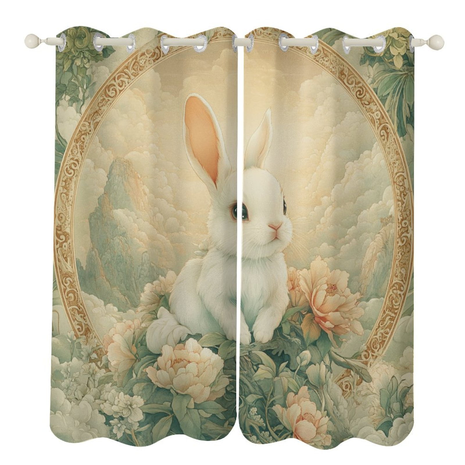 Easter Bunnies Rabbits 2 Panel Curtain Set, Watercolor Painting Window ...
