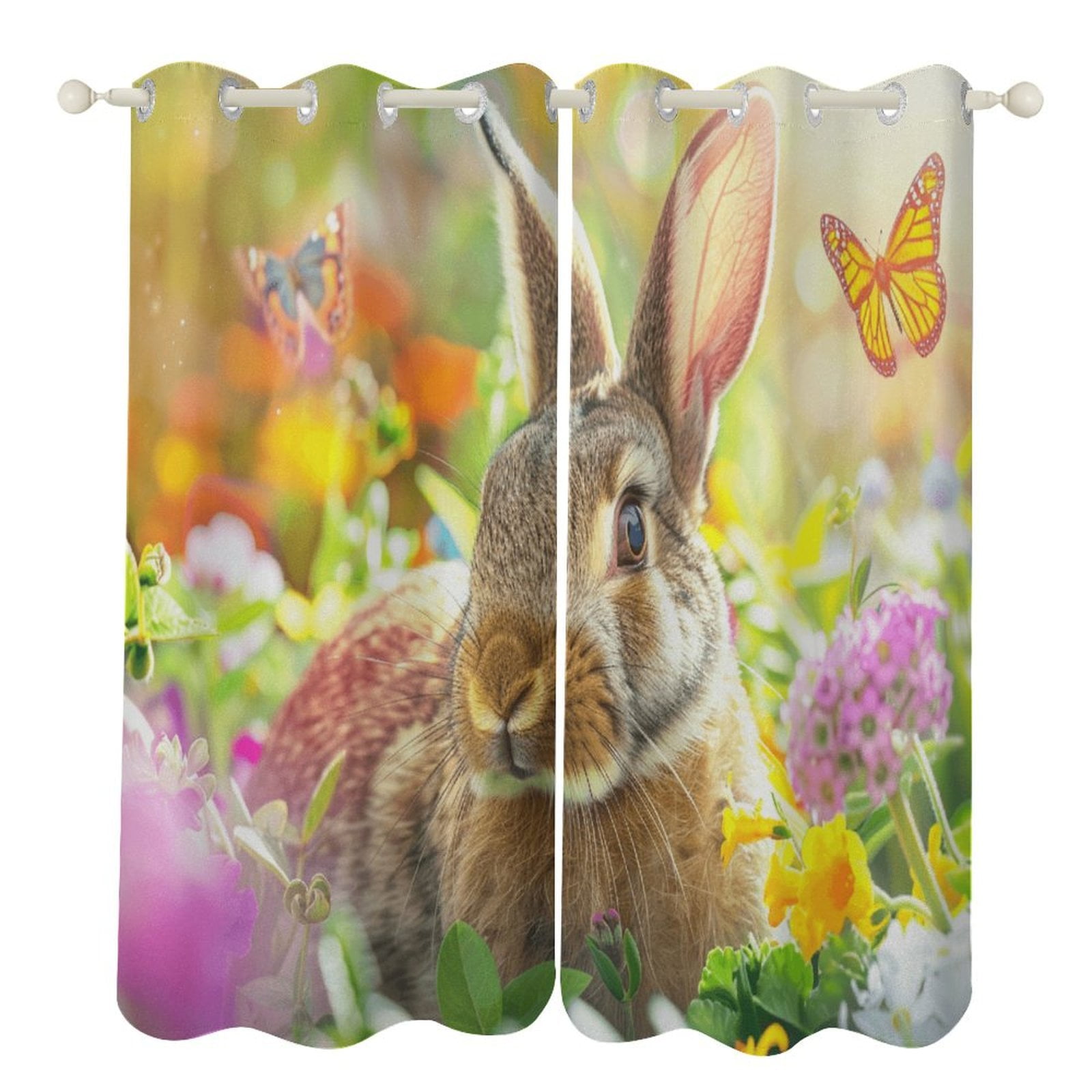 Easter Bunnies Rabbits 2 Panel Curtain Set, Watercolor Painting Window ...