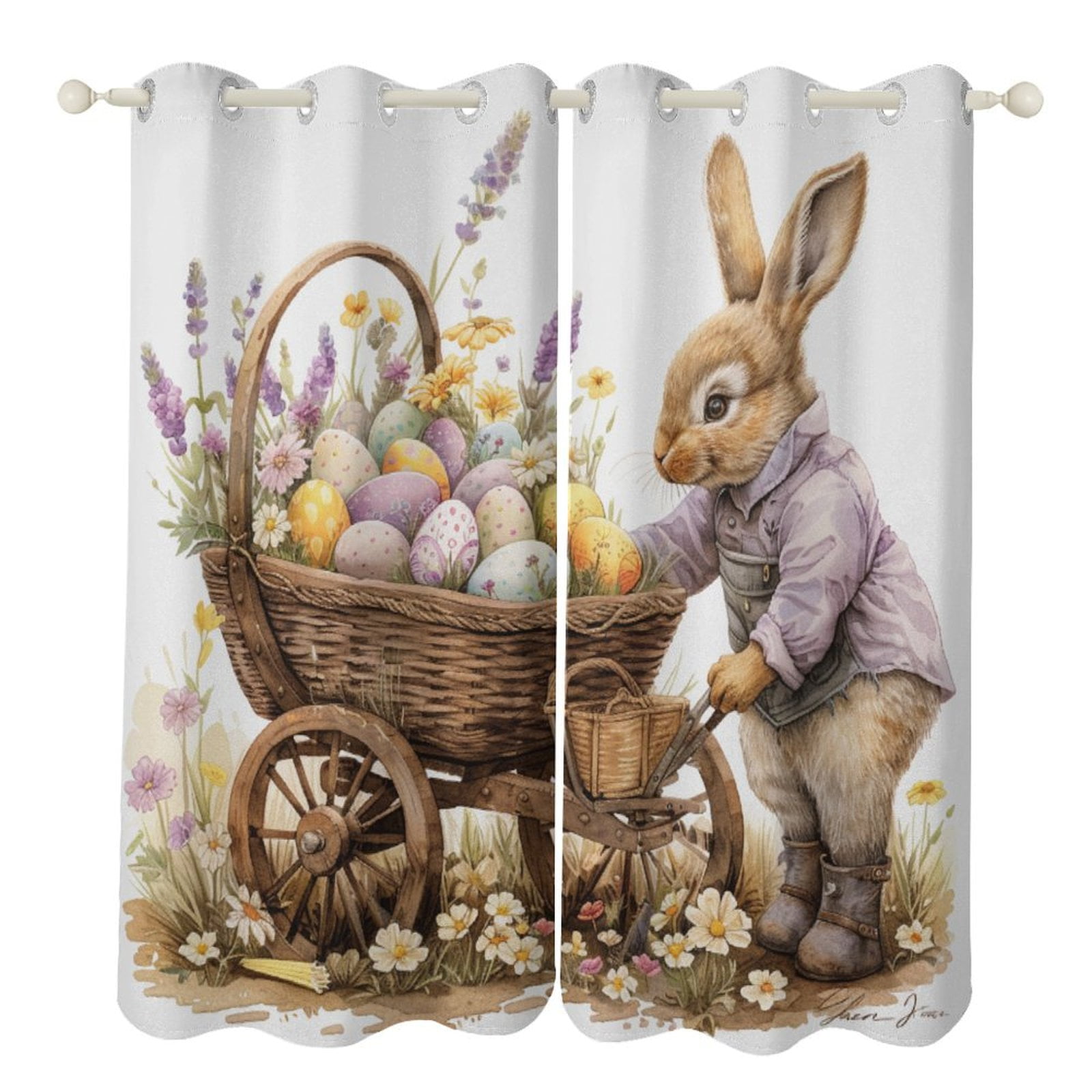 Easter Bunnies Rabbits 2 Panel Curtain Set, Watercolor Painting Window ...
