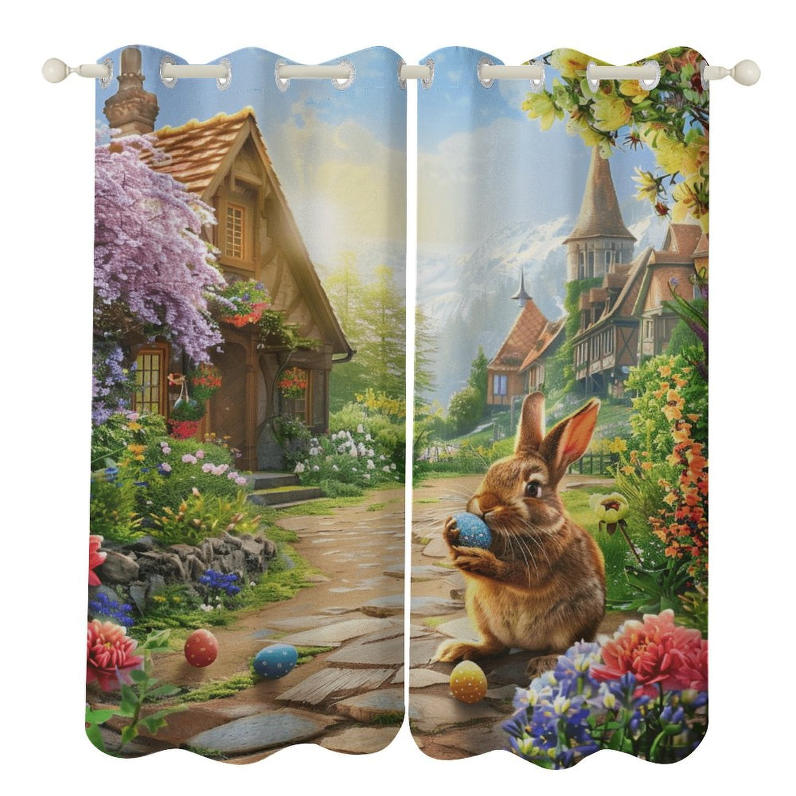 Easter Bunnies Rabbits 2 Panel Curtain Set, Watercolor Painting Window ...
