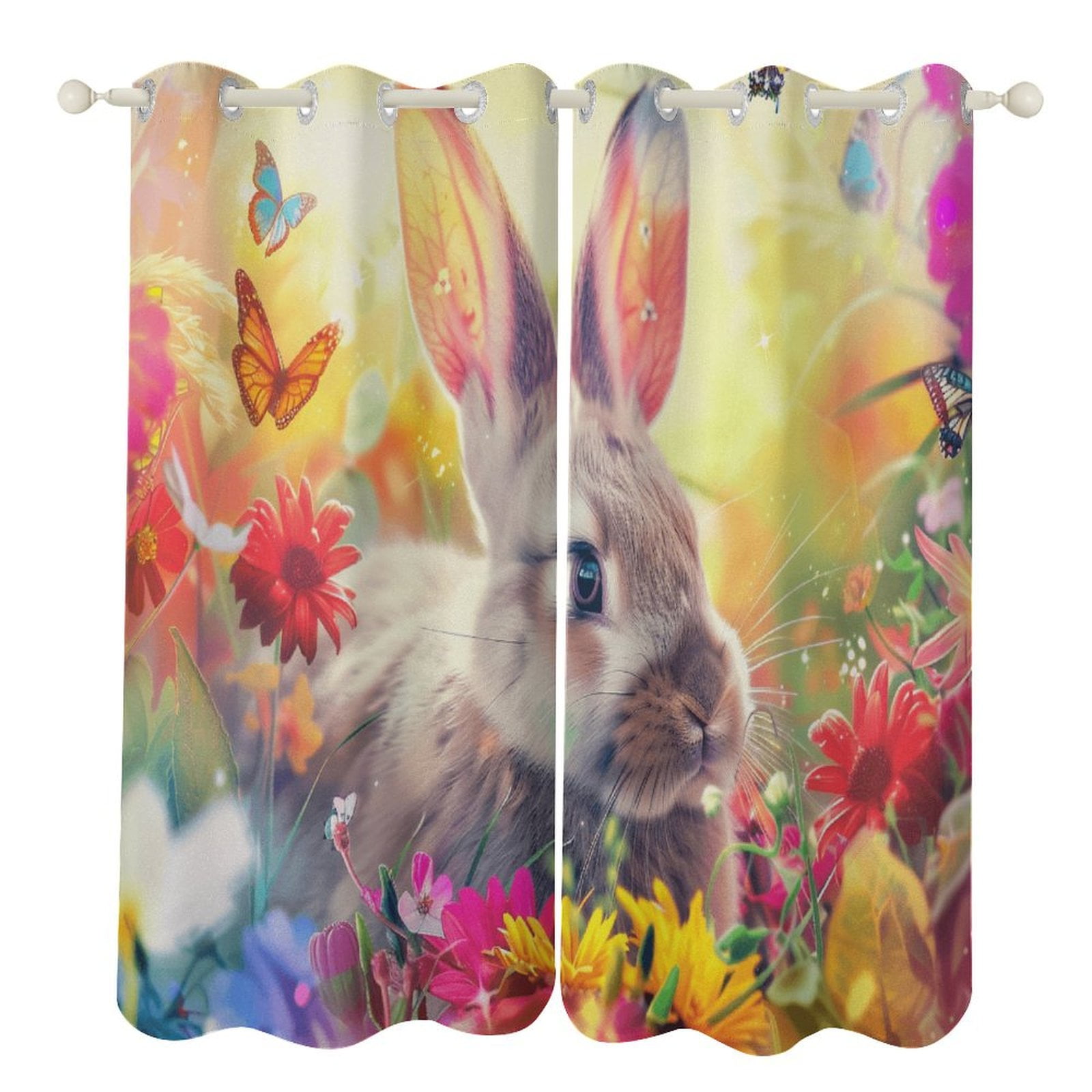 Easter Bunnies Rabbits 2 Panel Curtain Set, Watercolor Painting Window ...