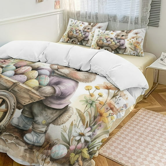 Easter Bunnies Rabbits 3 Pieces Duvet Cover with Zipper Closure,Premium Polyester Lightweight Bedding Set