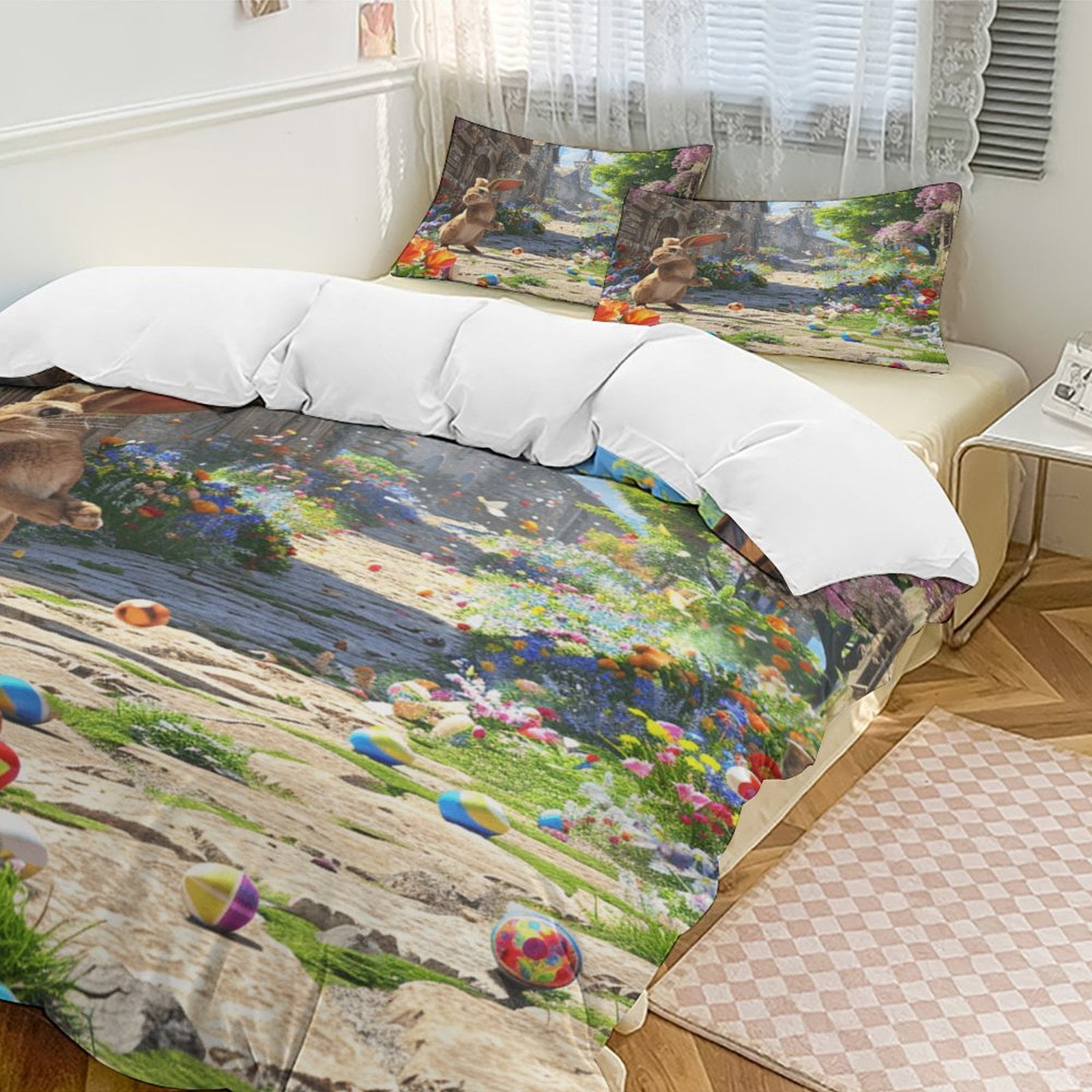 Castle Fairy Vintage Jungle Rabbits Duvet Cover - Toddler Size, Watercolor Flowers, Farmhouse Easter Theme - View #8