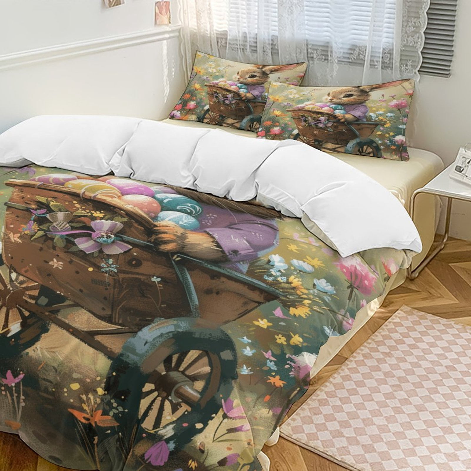 Castle Fairy Vintage Jungle Rabbits Duvet Cover - Toddler Size, Watercolor Flowers, Farmhouse Easter Theme - View #11
