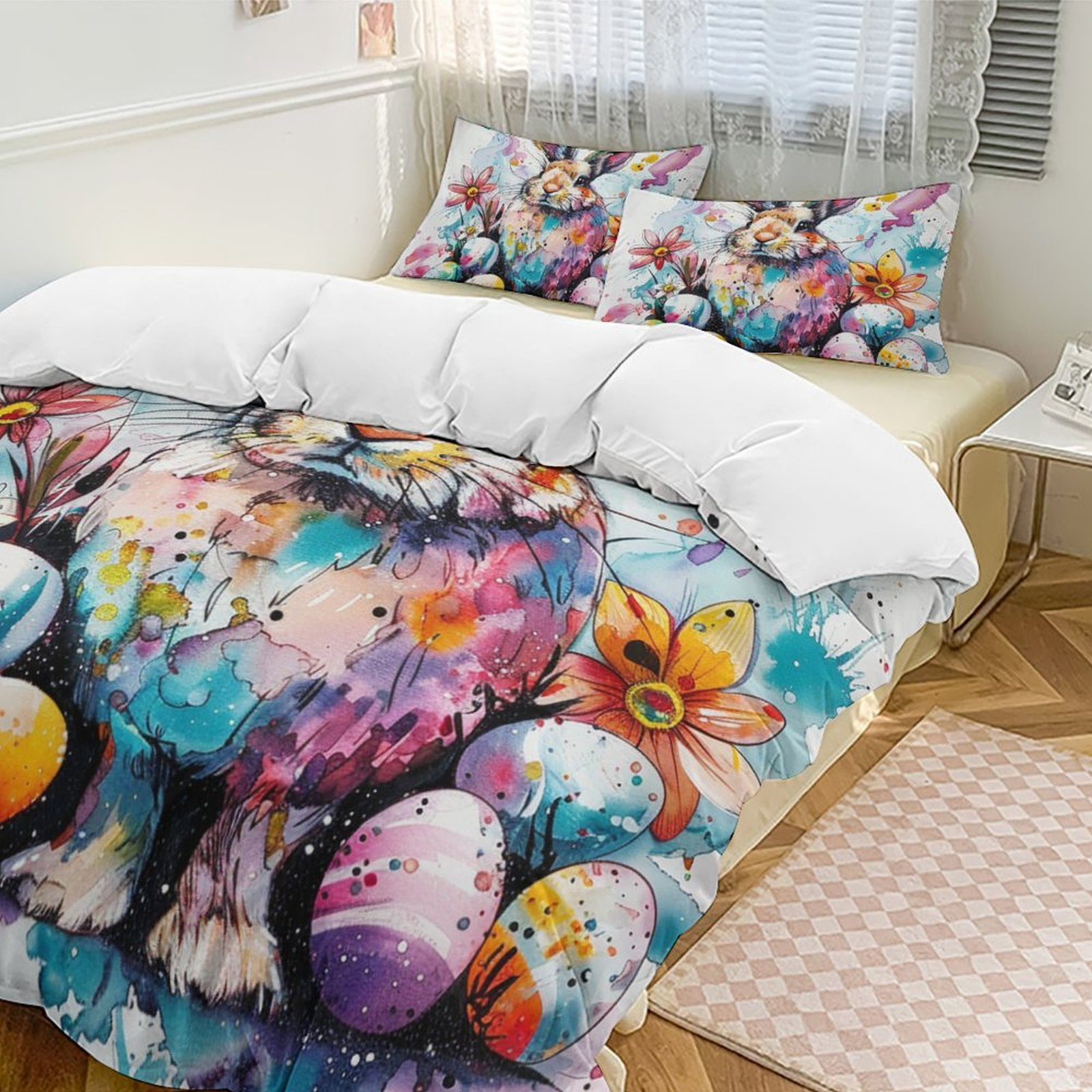 Castle Fairy Vintage Jungle Rabbits Duvet Cover - Toddler Size, Watercolor Flowers, Farmhouse Easter Theme - View #5