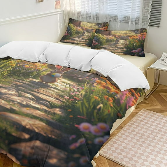 Easter Bunnies Rabbits Duvet Cover Set King Size for Bedroom Decoration Print Bedding Set Comforter Cover Decorative Microfiber with 2 Pillow Sham Multicolor