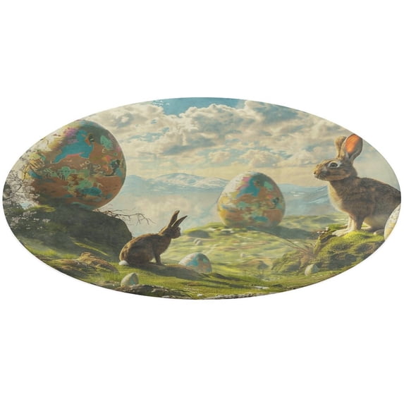 Easter Bunnies Rabbits Floral Medallion Round Rug - Small Round Area Rug, Soft Non-Slip Machine Washable Bedroom Mat Indoor Accent Entry Carpet for Office Desk Dorm Hallway