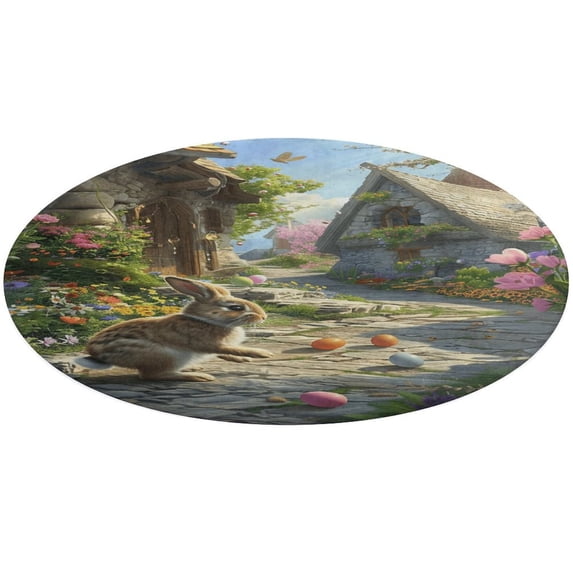 Easter Bunnies Rabbits Floral Medallion Round Rug - Small Round Area Rug, Soft Non-Slip Machine Washable Bedroom Mat Indoor Accent Entry Carpet for Office Desk Dorm Hallway