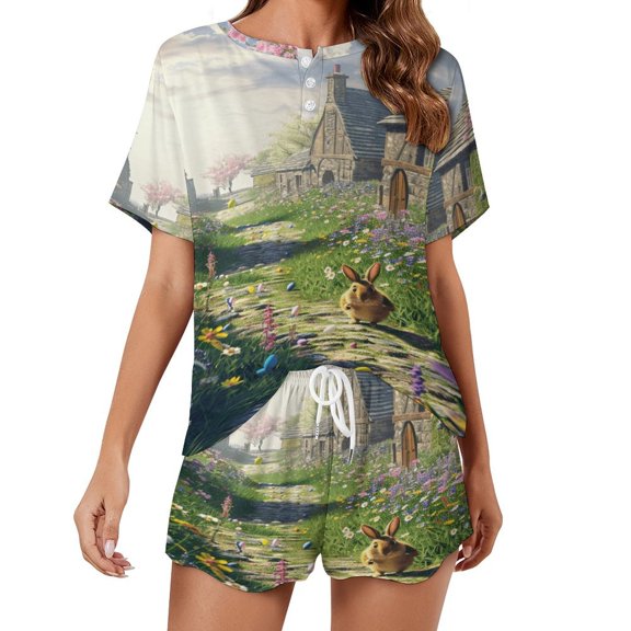 Easter Bunnies Rabbits Pajama Set for Women 2 Piece Sleepwear Loungewear Short Sleeve